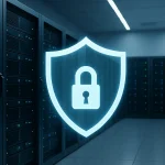 Сучасний дата-центр із серверними стійками та іконкою захисту, що символізує безпеку сайту на хостингу