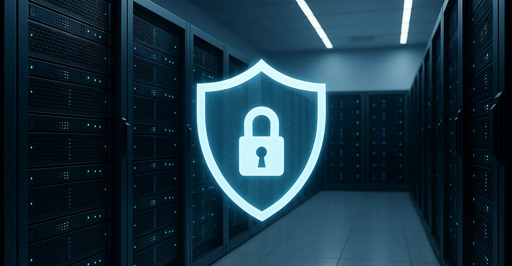 Сучасний дата-центр із серверними стійками та іконкою захисту, що символізує безпеку сайту на хостингу