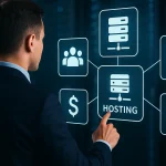 Бізнесмен аналізує варіанти хостингу на цифровому екрані з серверними стійками на фоні