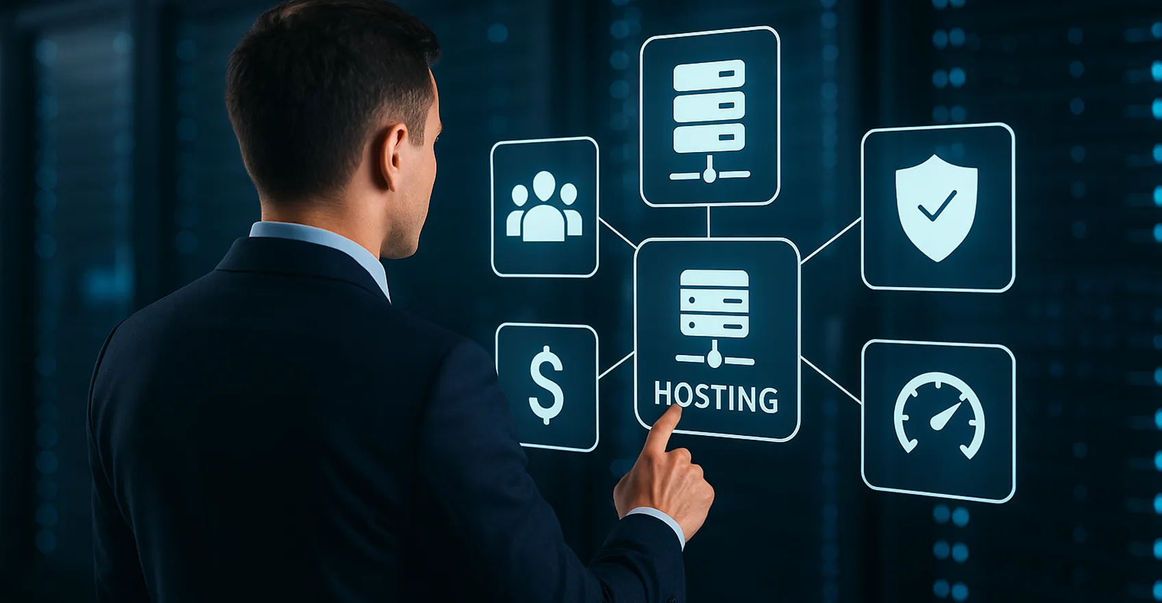 Бізнесмен аналізує варіанти хостингу на цифровому екрані з серверними стійками на фоні
