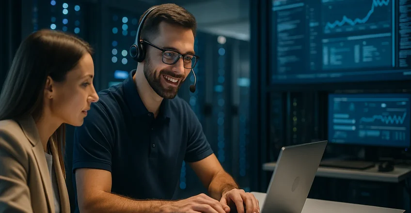 Спеціаліст техпідтримки Hostnova допомагає клієнтці вирішити проблему на сайті в серверному центрі