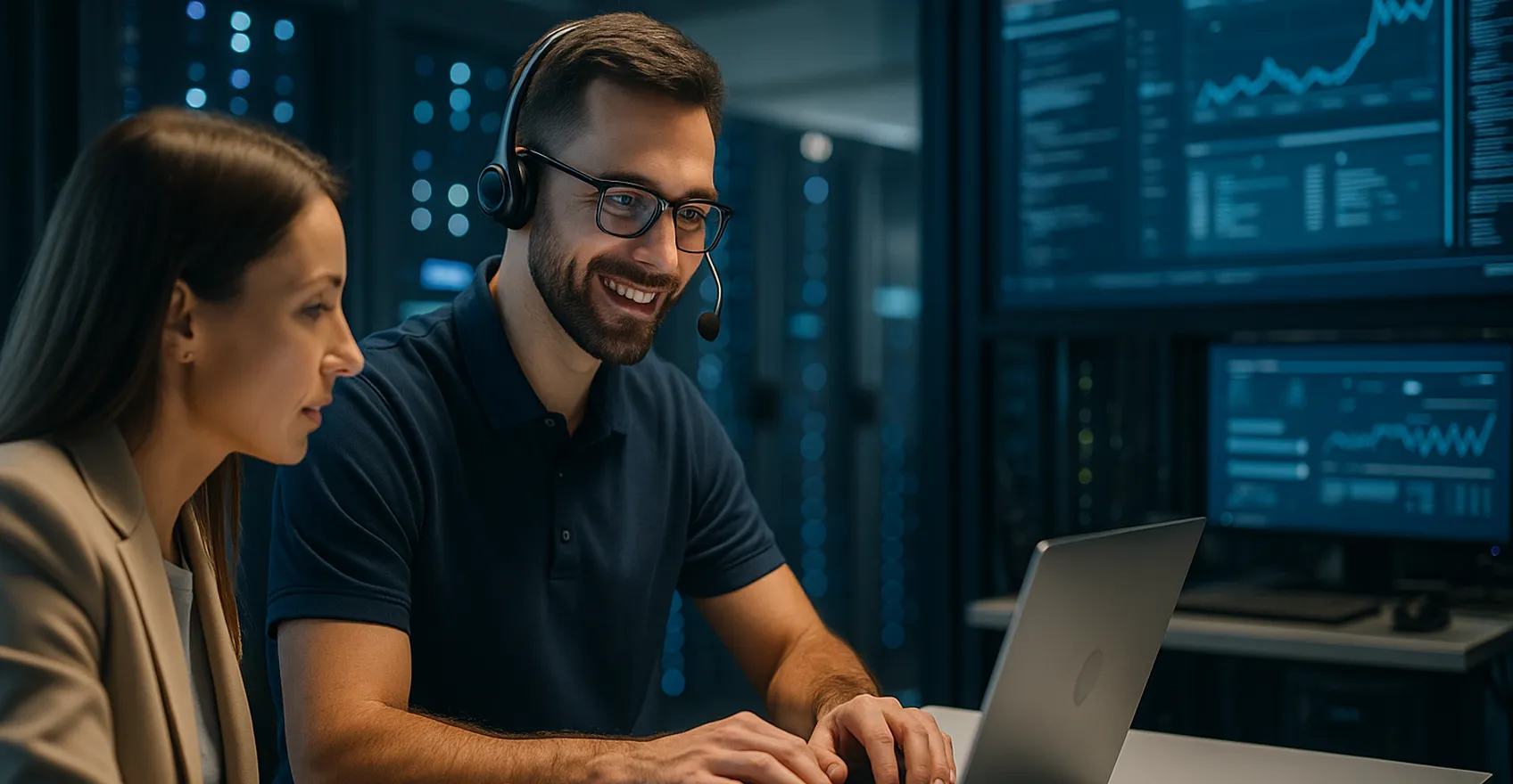 Спеціаліст техпідтримки Hostnova допомагає клієнтці вирішити проблему на сайті в серверному центрі