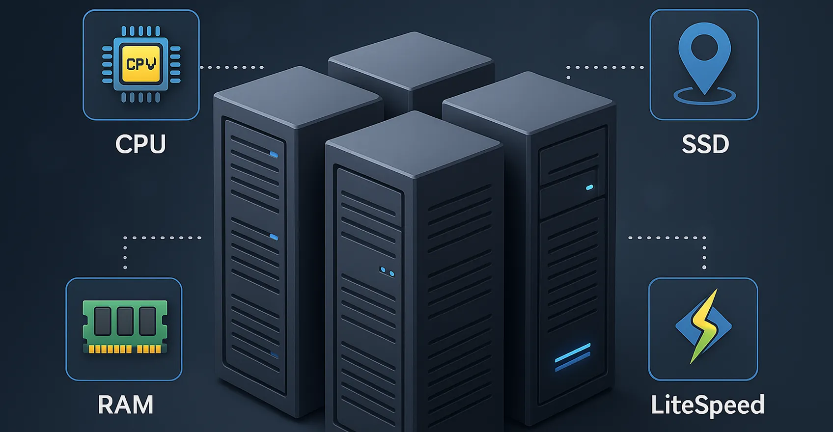 Три сервери з іконками CPU, RAM, SSD, LiteSpeed і геолокації — технічна інфраструктура сучасного хостингу