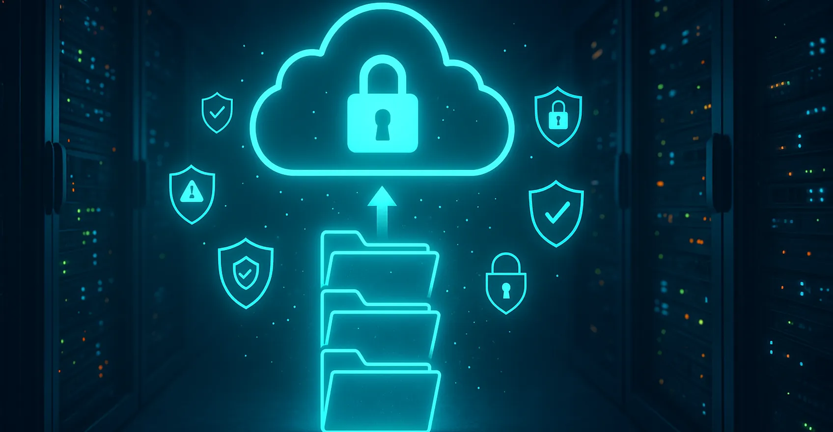Іконки захищених файлів, що передаються в хмару на фоні серверної кімнати — символ резервного копіювання сайту