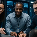 Команда технічної підтримки Hostnova допомагає клієнту в дата-центрі з ноутбуком і серверами на фоні