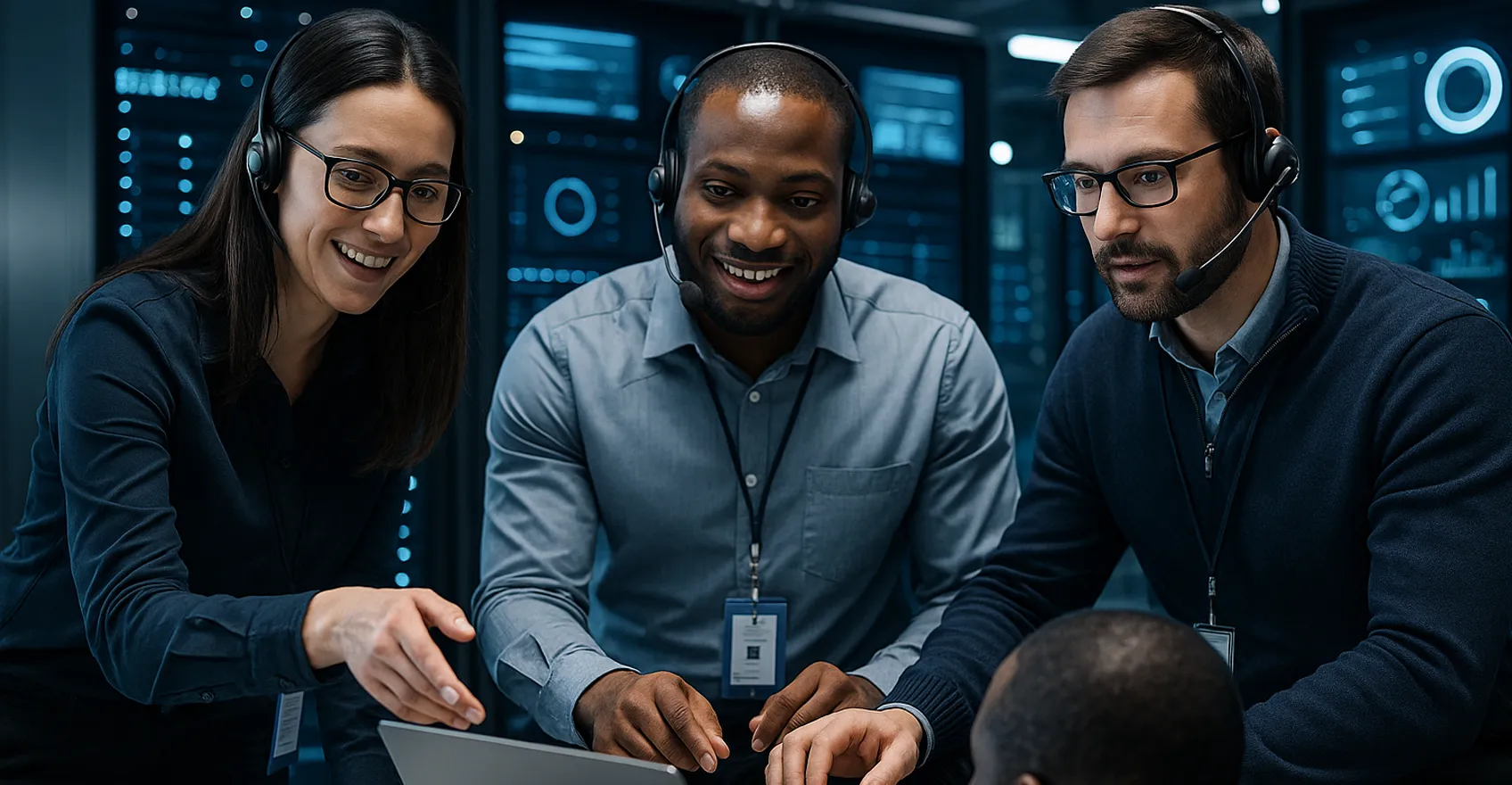 Команда технічної підтримки Hostnova допомагає клієнту в дата-центрі з ноутбуком і серверами на фоні