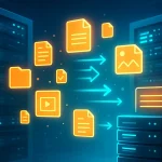 Передача даних між двома серверними стійками із символами файлів, що символізує міграцію сайту на новий хостинг