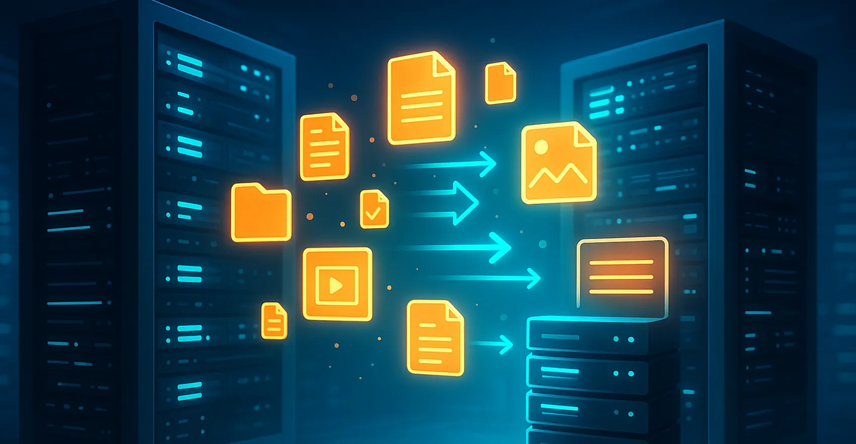 Передача даних між двома серверними стійками із символами файлів, що символізує міграцію сайту на новий хостинг
