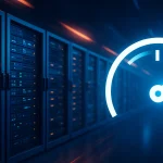 Швидкі сервери з ефектом руху та іконкою спідометра, що символізує високу швидкість хостингу