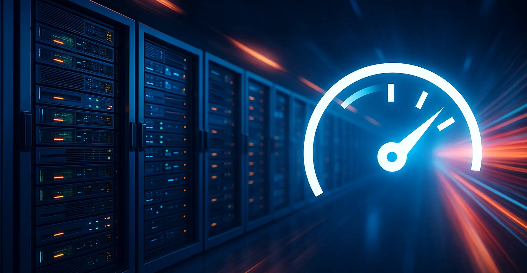 Швидкі сервери з ефектом руху та іконкою спідометра, що символізує високу швидкість хостингу