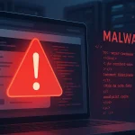 Екран ноутбука з попередженням про віруси та фоном із серверів, що символізує зараження сайту