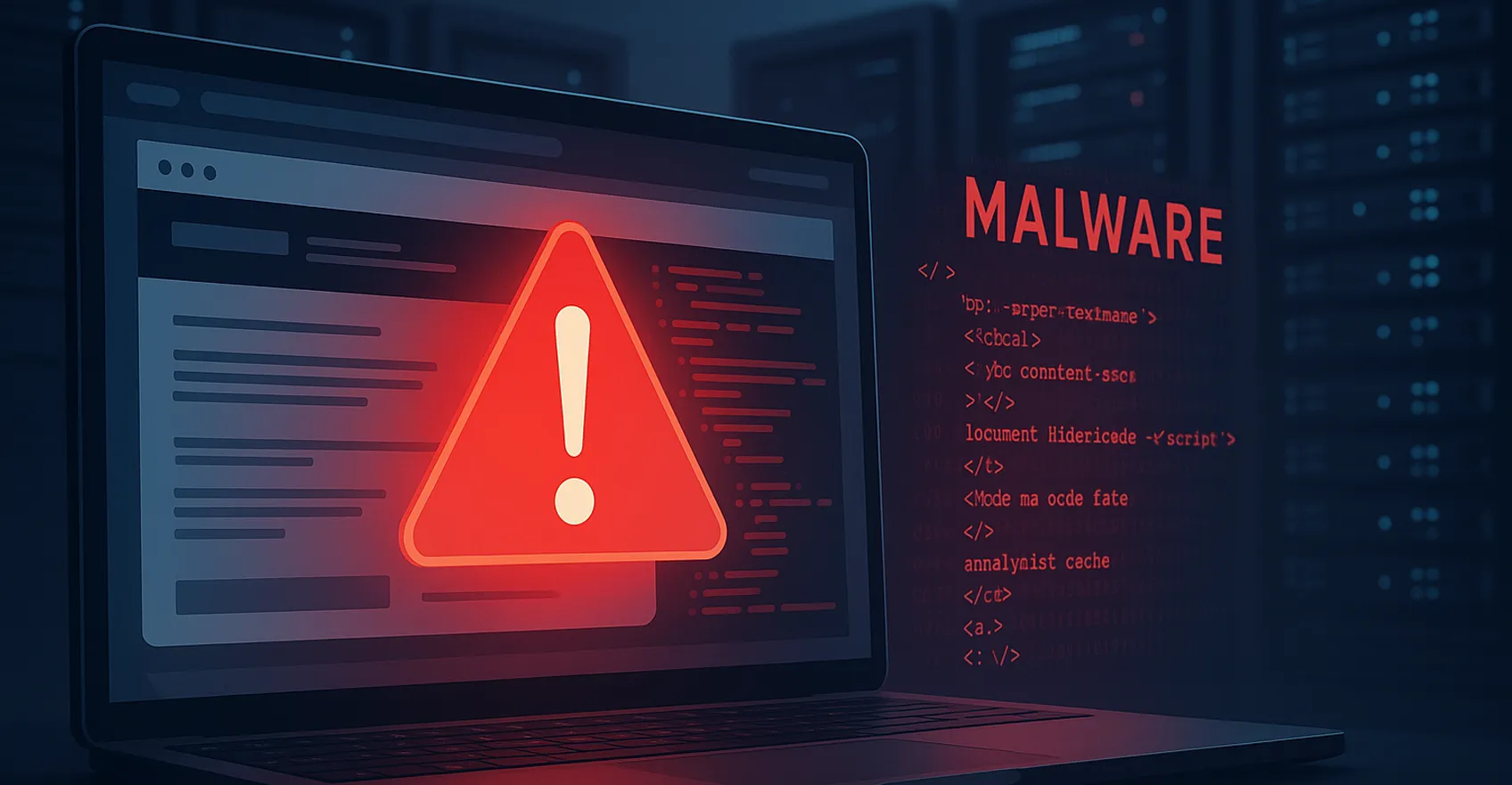Екран ноутбука з попередженням про віруси та фоном із серверів, що символізує зараження сайту