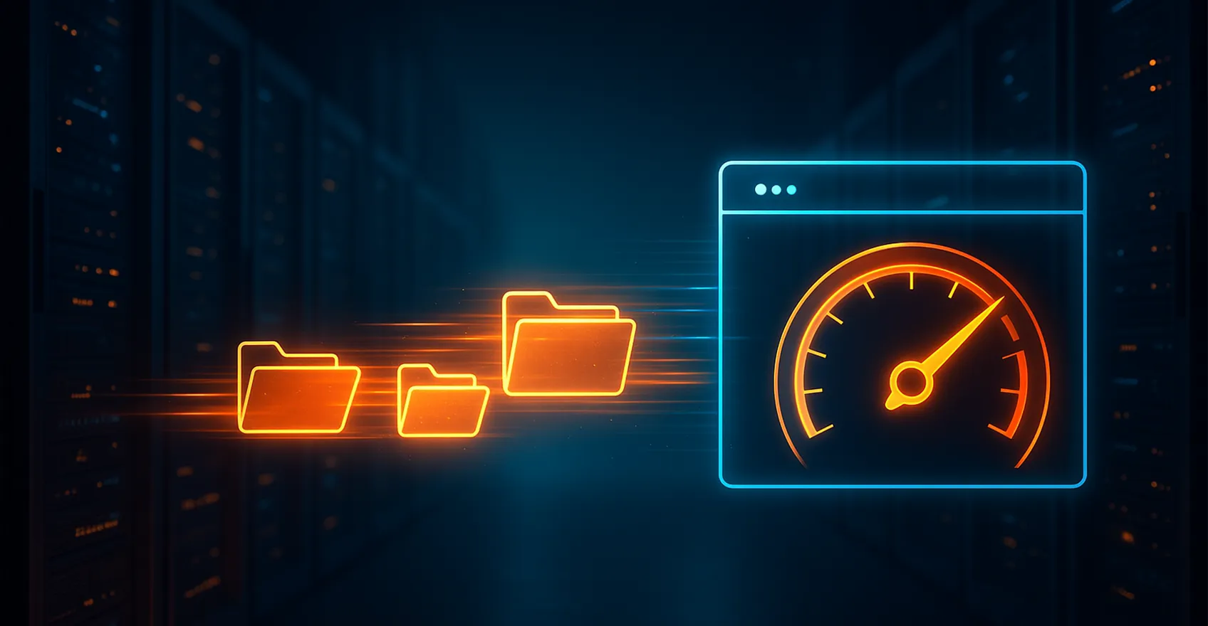 Швидкісна передача даних від серверів до браузера з іконкою спідометра, що символізує зниження TTFB