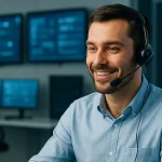 Фахівець технічної підтримки в офісі працює за комп’ютером із гарнітурою на фоні серверних екранів