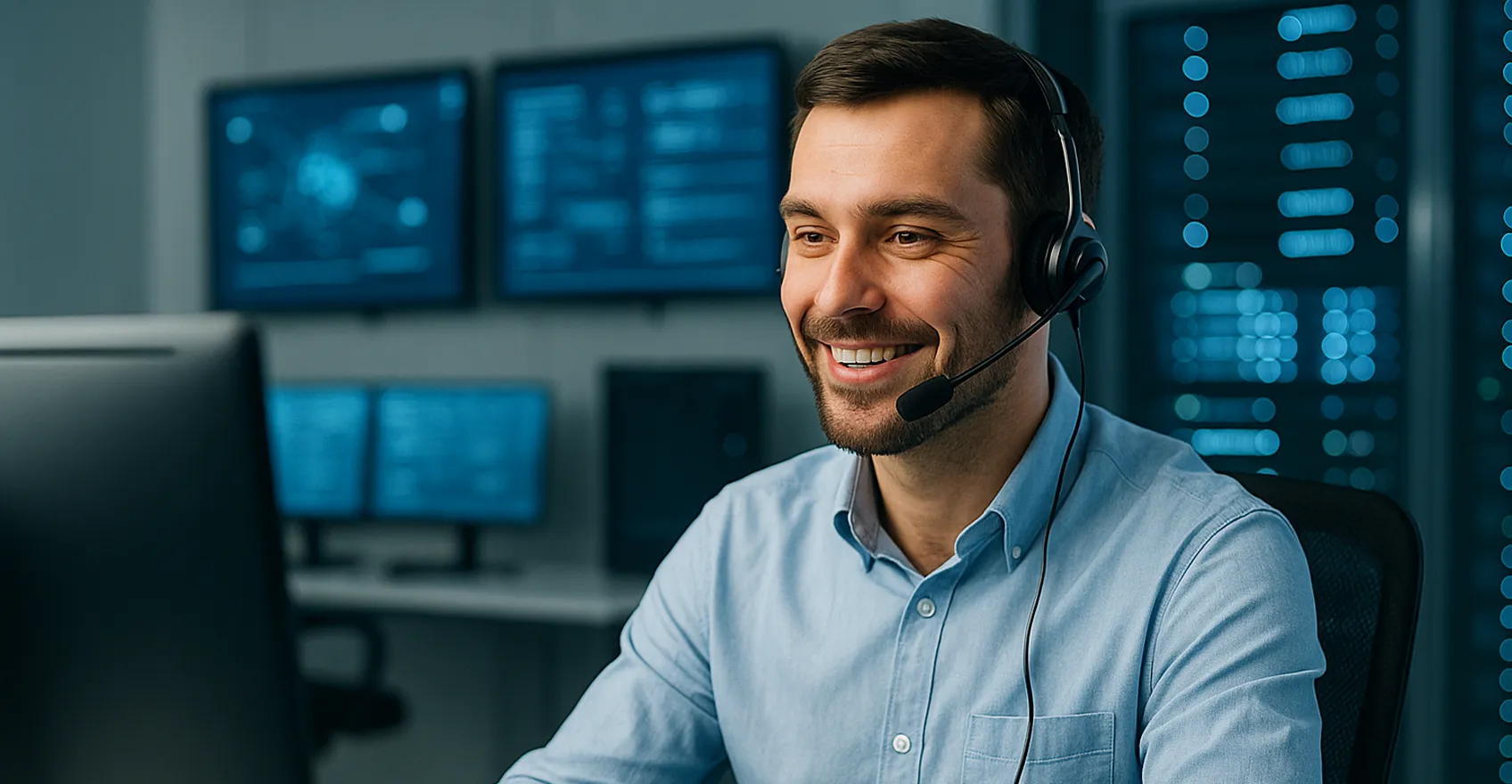 Фахівець технічної підтримки в офісі працює за комп’ютером із гарнітурою на фоні серверних екранів