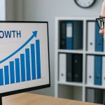 Бізнесмен працює за комп’ютером із графіком зростання на екрані