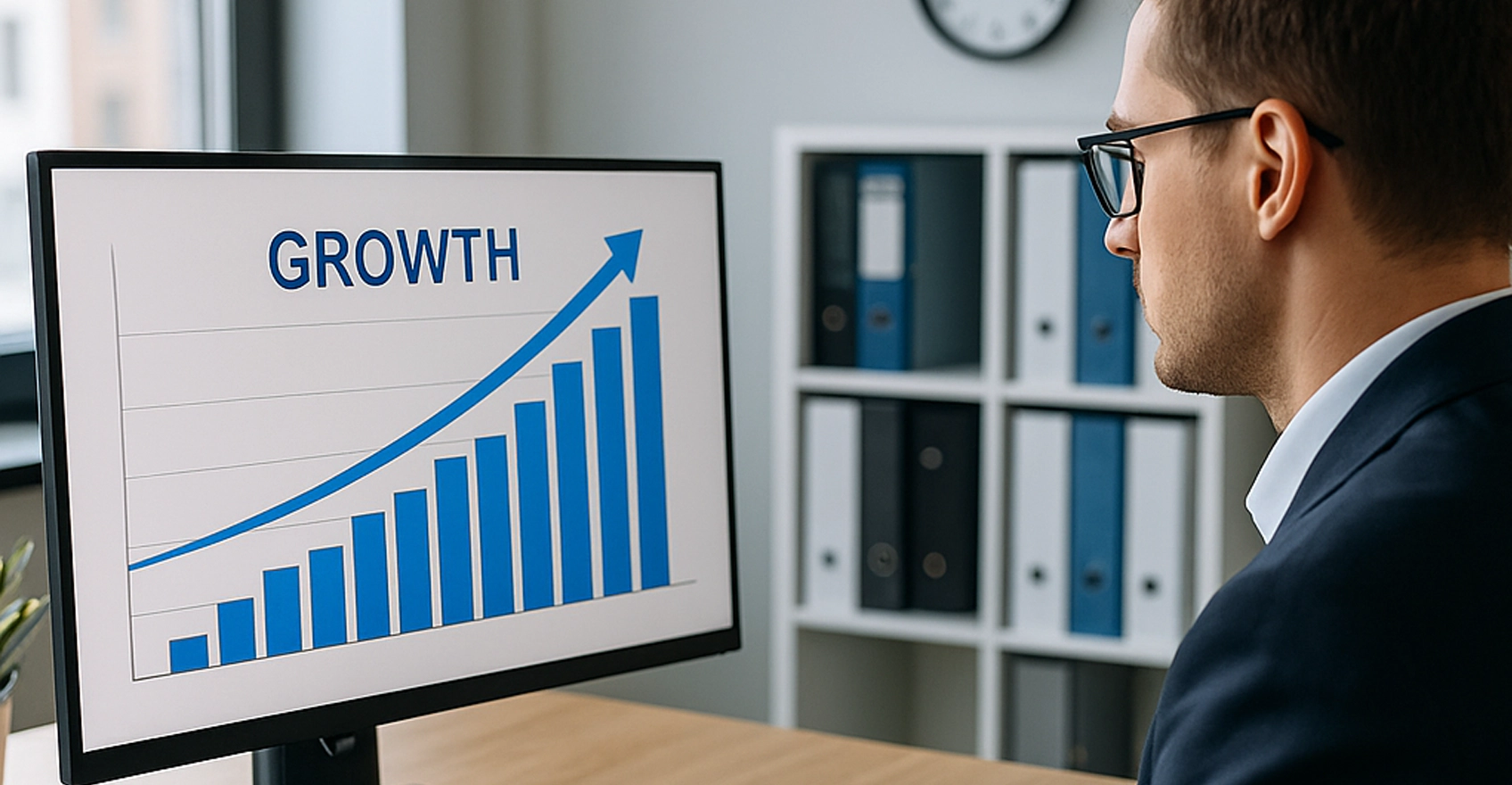Бізнесмен працює за комп’ютером із графіком зростання на екрані