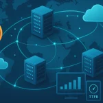 Широка ілюстрація CDN з дата-центрами, маршрутизацією, хмарами та метриками продуктивності на фоні мапи світу