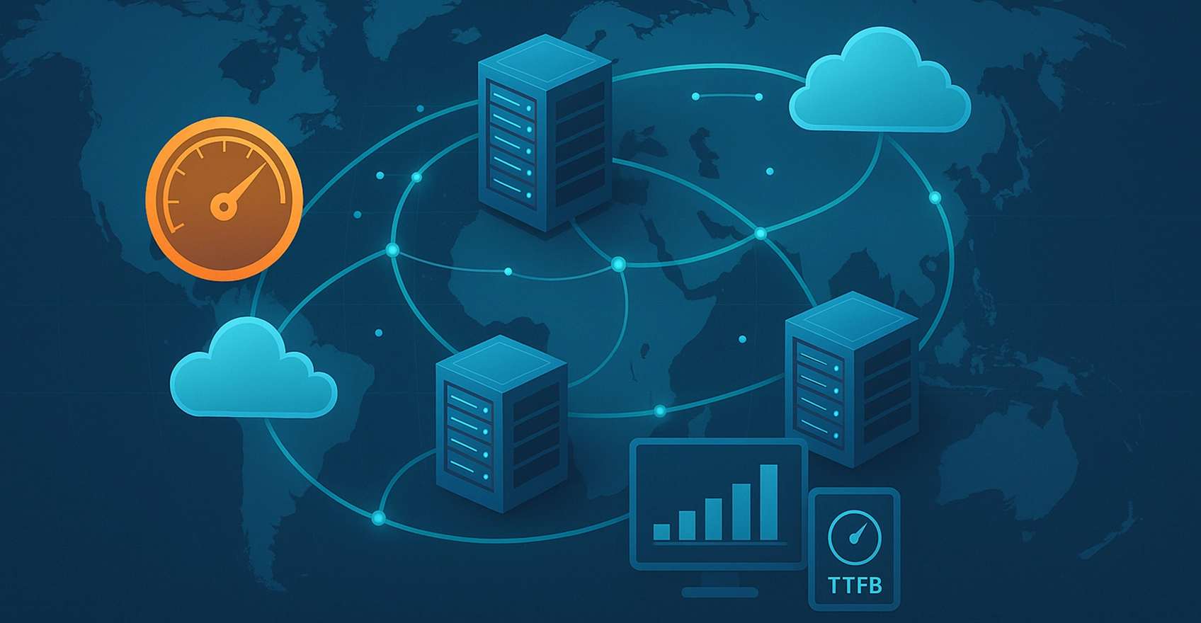 Широка ілюстрація CDN з дата-центрами, маршрутизацією, хмарами та метриками продуктивності на фоні мапи світу