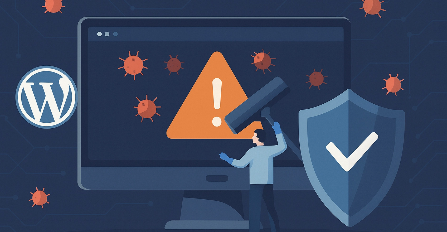 Захищений сайт WordPress на фоні серверів і щита з антивірусною іконкою — концепція лікування сайту від вірусів