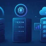 Порівняння Shared, VPS та Cloud хостингу з графіками, іконками сервера, хмари та мікросхеми на фоні цифрової ілюстрації