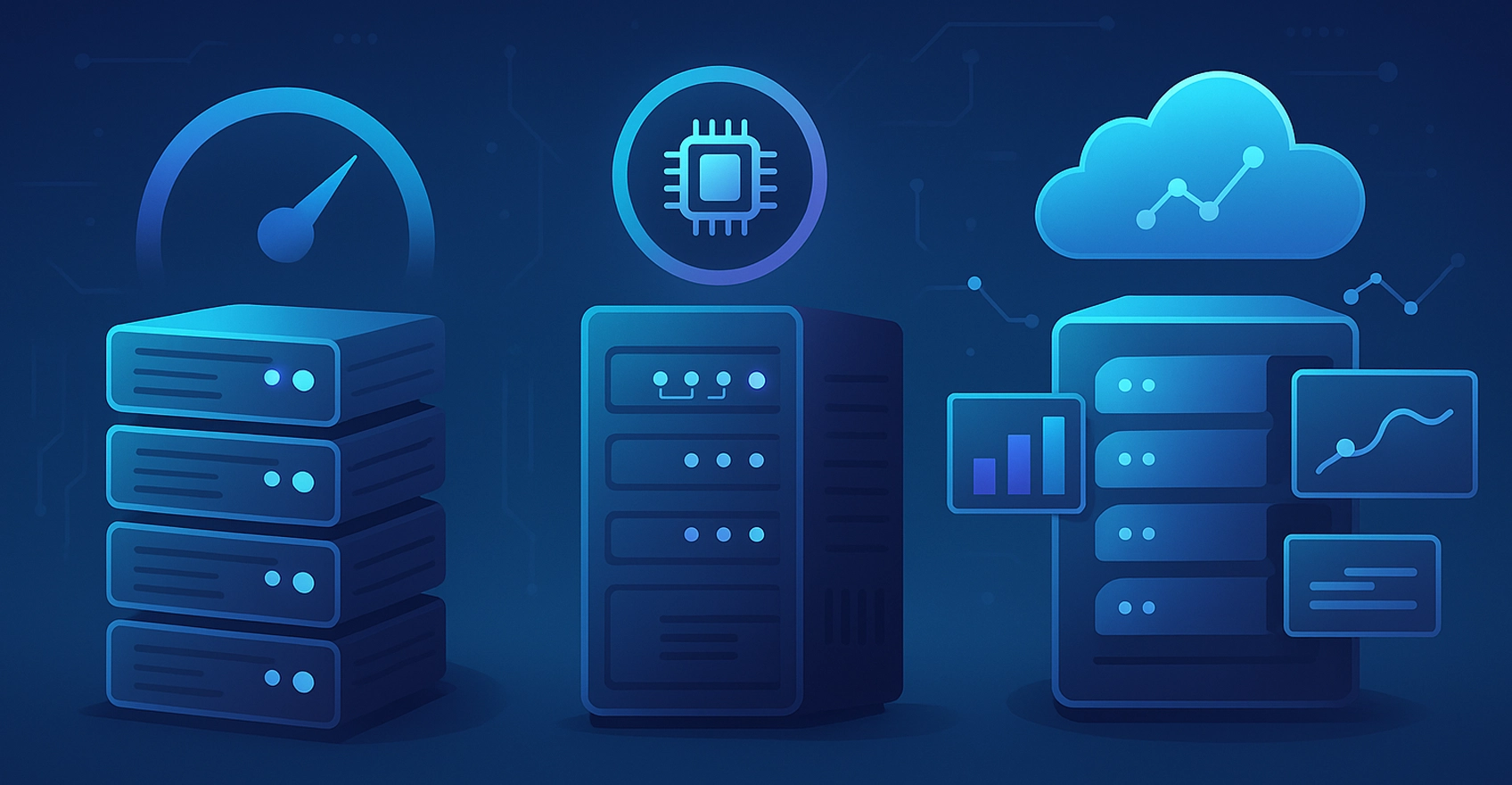 Порівняння Shared, VPS та Cloud хостингу з графіками, іконками сервера, хмари та мікросхеми на фоні цифрової ілюстрації