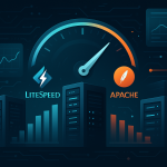 Порівняння LiteSpeed та Apache з графіками швидкості, серверами та спідометром на фоні цифрової ілюстрації