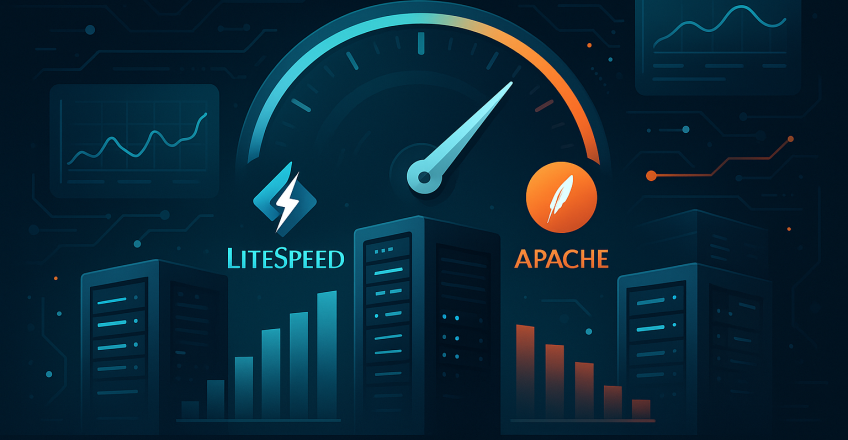 Порівняння LiteSpeed та Apache з графіками швидкості, серверами та спідометром на фоні цифрової ілюстрації