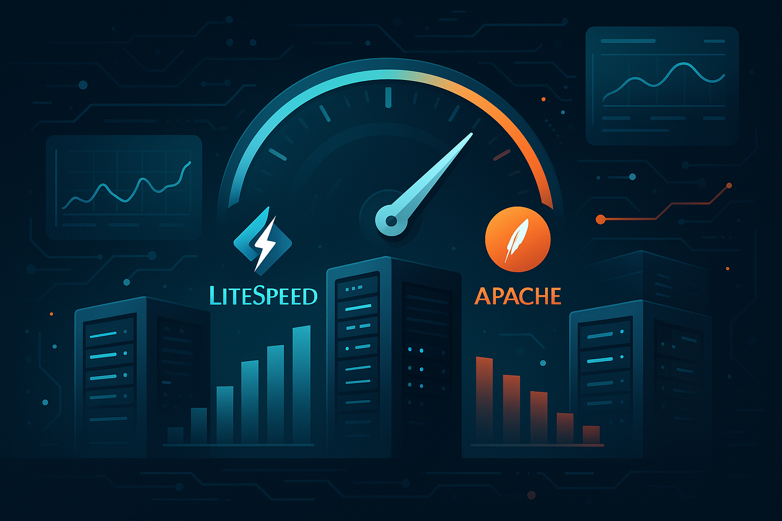 Порівняння LiteSpeed та Apache з графіками швидкості, серверами та спідометром на фоні цифрової ілюстрації