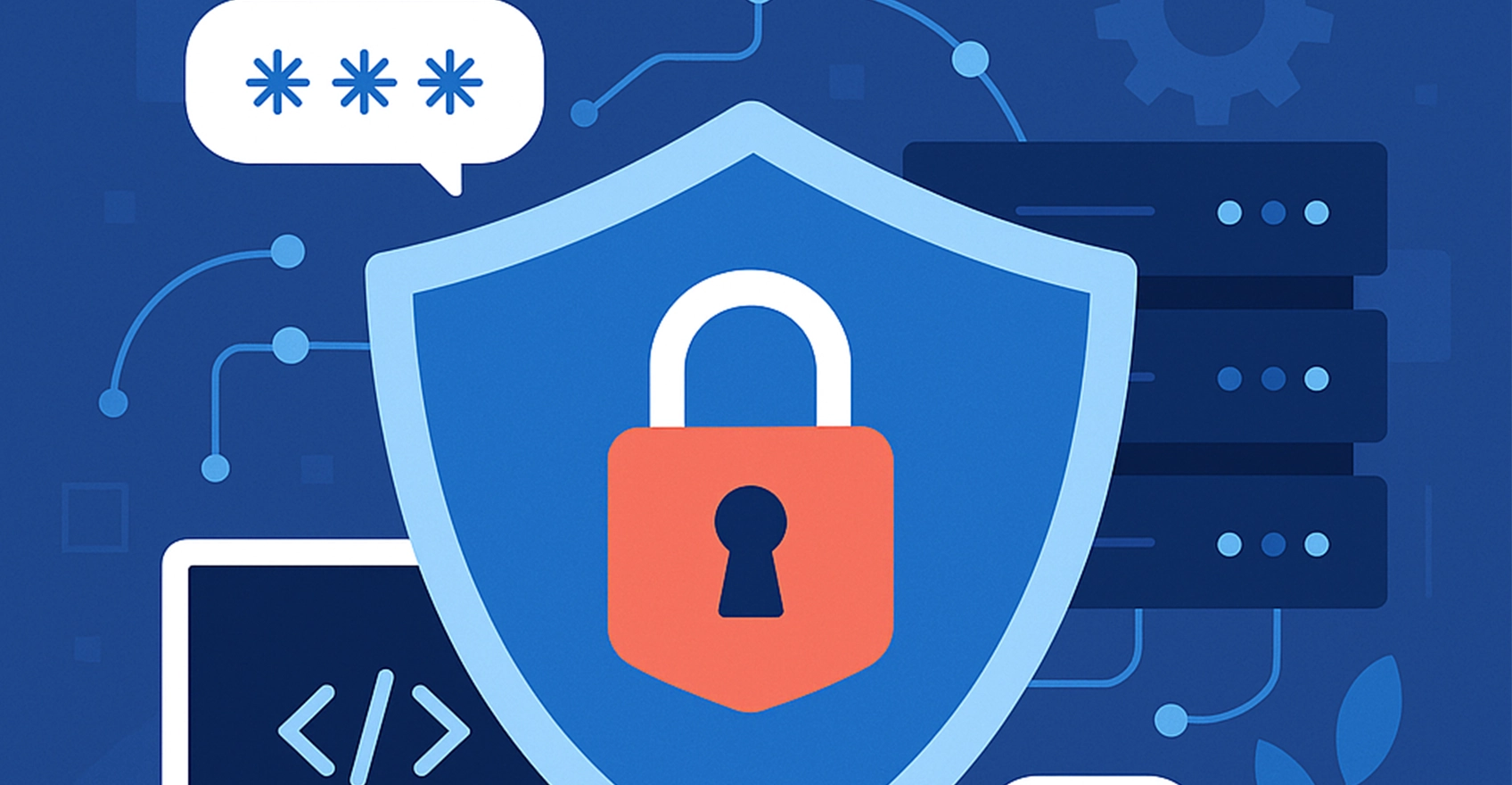 Захист сайту на хостингу у 2025 році — сервери, замок і щит як символи кібербезпеки