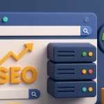 Широка ілюстрація серверів і SEO-графіків, що показує вплив хостингу на швидкість сайту та оптимізацію пошуку