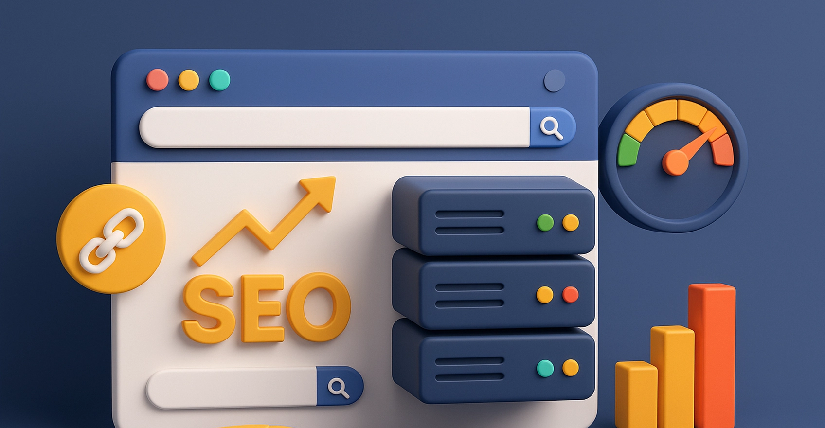 Широка ілюстрація серверів і SEO-графіків, що показує вплив хостингу на швидкість сайту та оптимізацію пошуку