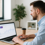 Менеджер аналізує графіки продуктивності сайту на ноутбуці