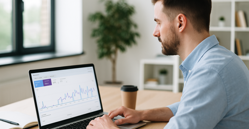 Менеджер аналізує графіки продуктивності сайту на ноутбуці