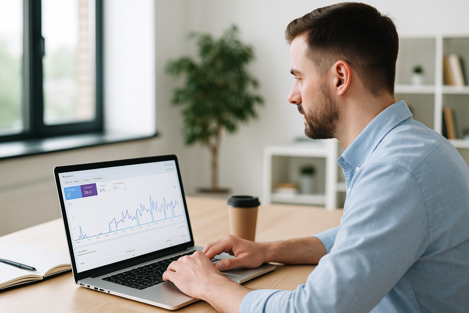 Менеджер аналізує графіки продуктивності сайту на ноутбуці