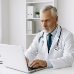 Лікар працює за ноутбуком у світлому медичному кабінеті