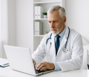 Лікар працює за ноутбуком у світлому медичному кабінеті