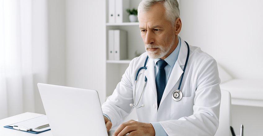 Лікар працює за ноутбуком у світлому медичному кабінеті