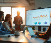 Бізнес-команда аналізує показники сайту в офісі — втрати через повільний хостинг