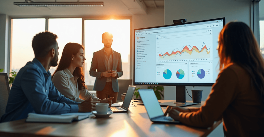 Бізнес-команда аналізує показники сайту в офісі — втрати через повільний хостинг