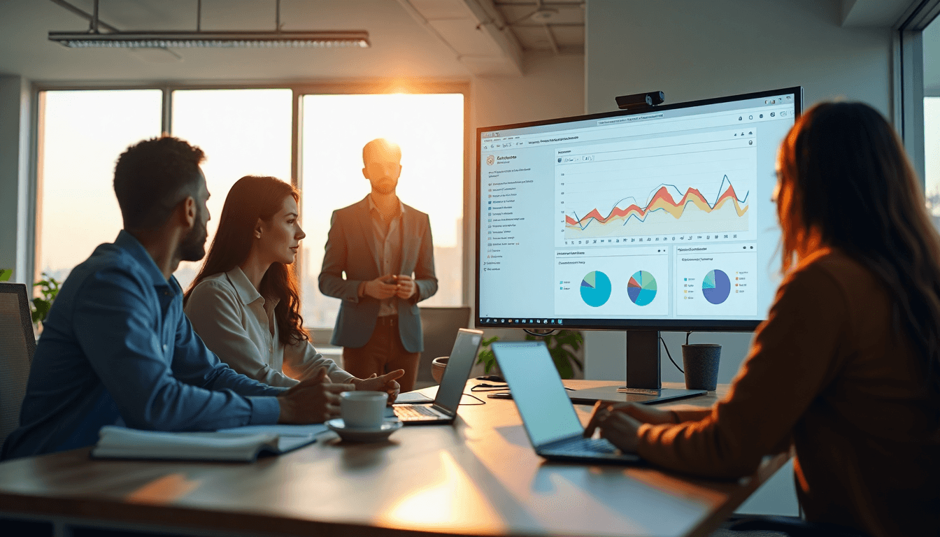 Бізнес-команда аналізує показники сайту в офісі — втрати через повільний хостинг