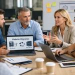 Команда бізнесу та IT-фахівців обговорює міграцію сайту на нову інфраструктуру