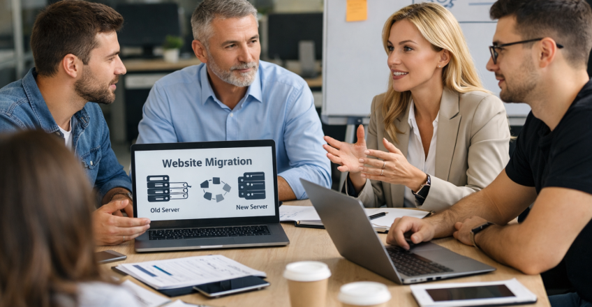Команда бізнесу та IT-фахівців обговорює міграцію сайту на нову інфраструктуру