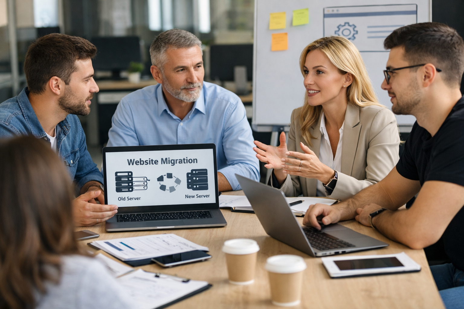 Команда бізнесу та IT-фахівців обговорює міграцію сайту на нову інфраструктуру