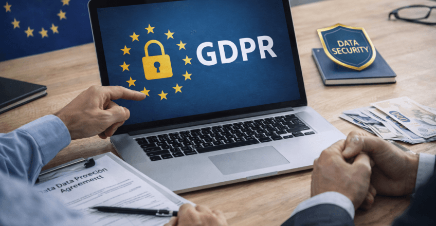 Бізнес-команда аналізує відповідність GDPR на ноутбуці в офісі з європейською символікою та акцентом на захист даних