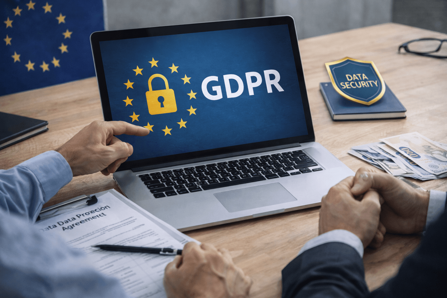 Бізнес-команда аналізує відповідність GDPR на ноутбуці в офісі з європейською символікою та акцентом на захист даних