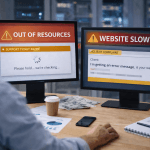 Власник бізнесу за робочим місцем аналізує проблеми сайту, який формально працює, але створює ризики для бізнесу