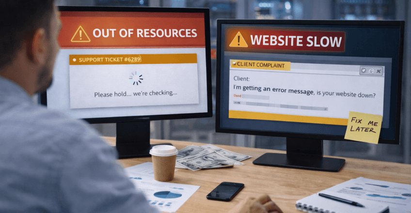 Власник бізнесу за робочим місцем аналізує проблеми сайту, який формально працює, але створює ризики для бізнесу