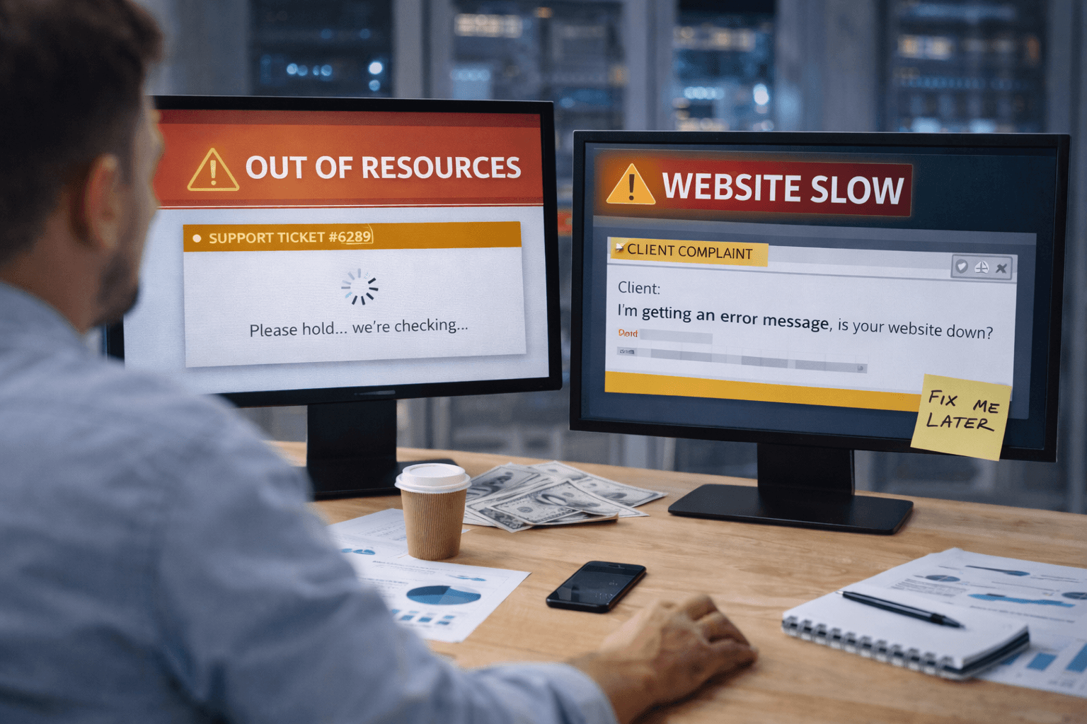 Власник бізнесу за робочим місцем аналізує проблеми сайту, який формально працює, але створює ризики для бізнесу