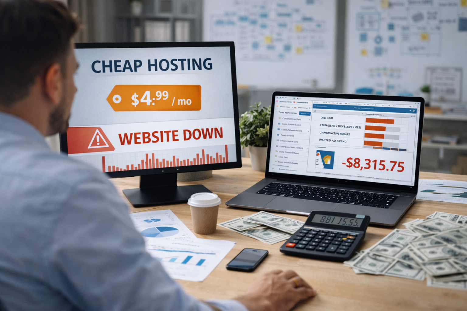 Власник бізнесу аналізує фінансові втрати через дешевий та нестабільний хостинг